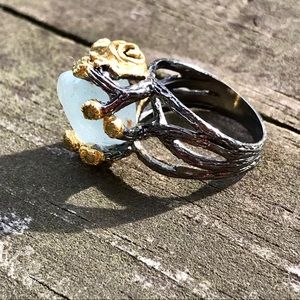 UNCUT NATURAL BLUE TOPAZ➕PERIDOT RING•925 SS•BLK RHODIUM PLATE